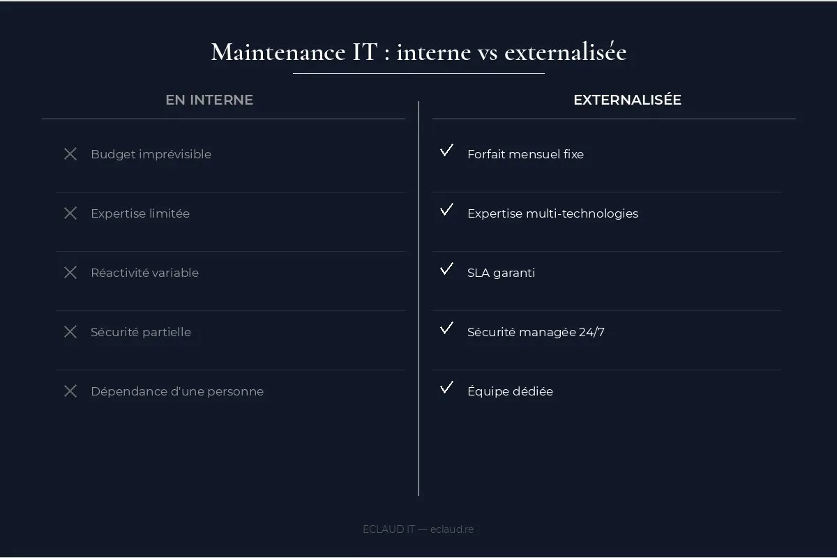 Infographie comparatif : maintenance informatique interne vs externalisée — budget, expertise, réactivité, sécurité
